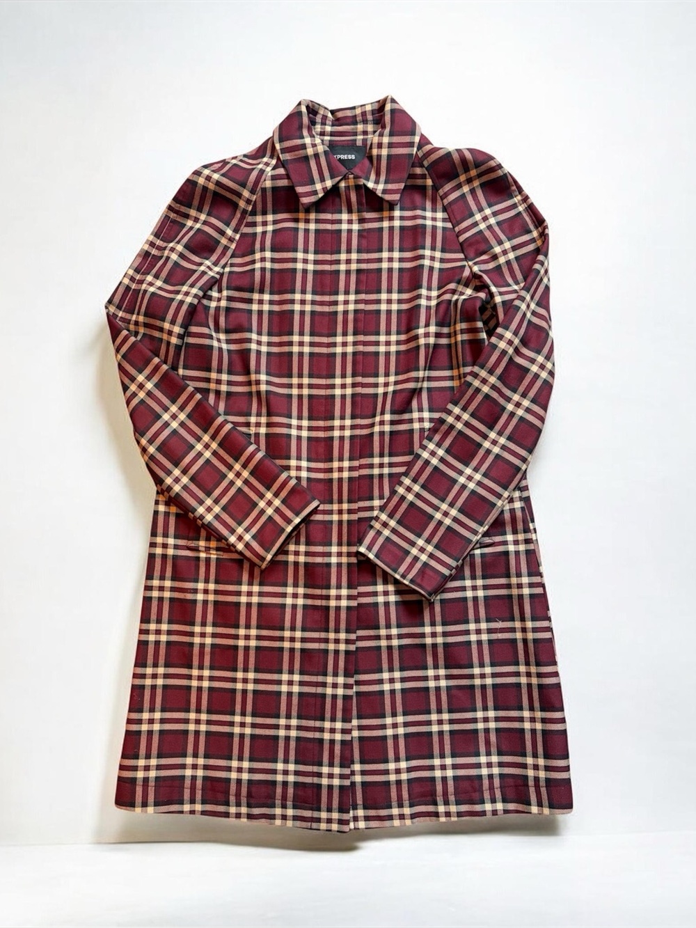 Express Burgundy Checked Plaid Trench Coat Sz 6